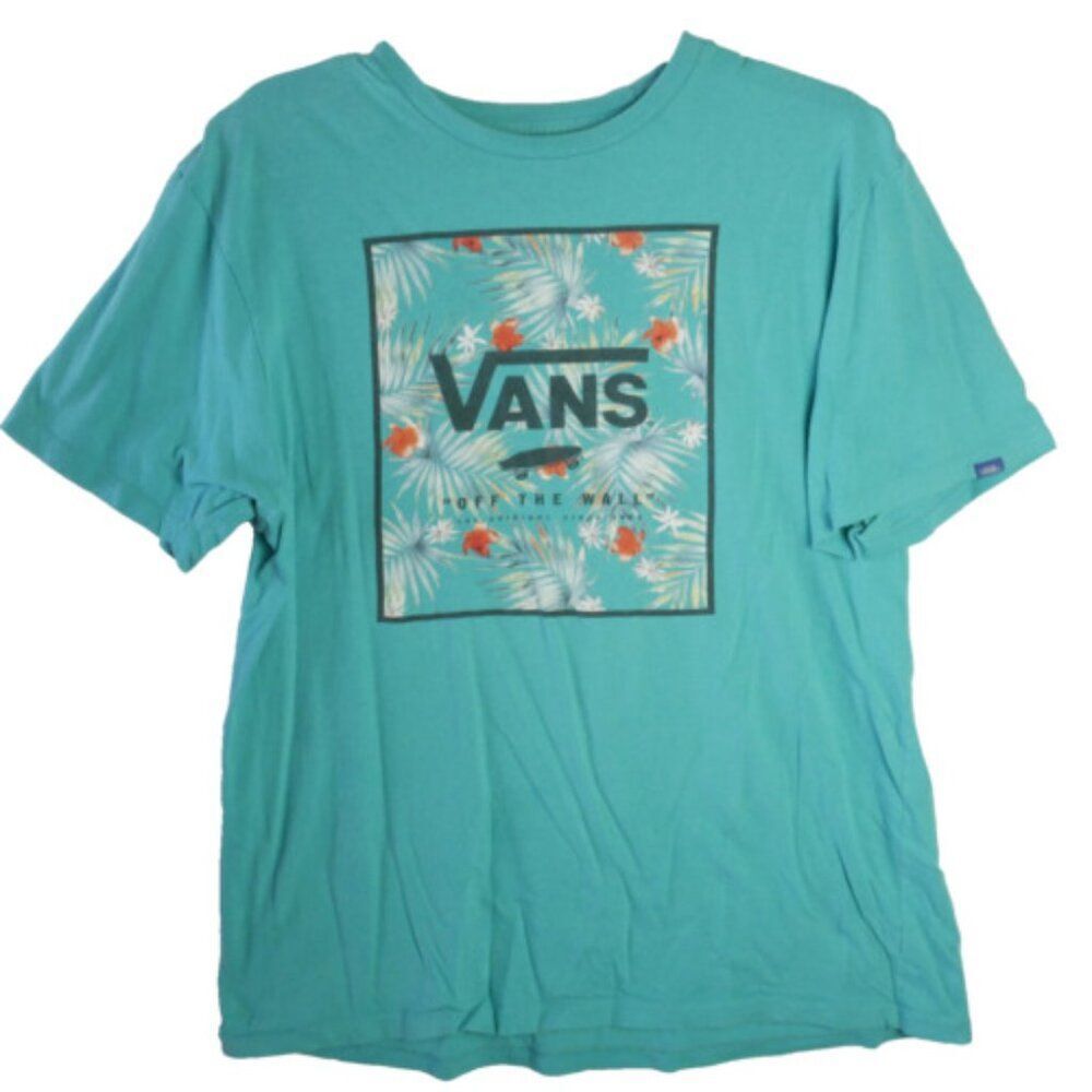 VANS Tropical Logo Skateboard Off the Wall Shirt Size L Turquoise Blue Surf